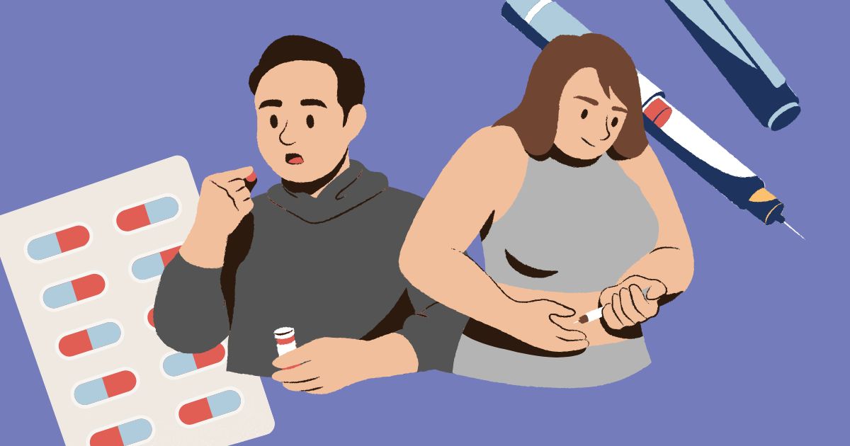 Illustration: Mann mit Tablettenblister und Frau mit Injektions-Pen – Darreichungsformen der medikamentösen Gewichtsreduktion im Vergleich